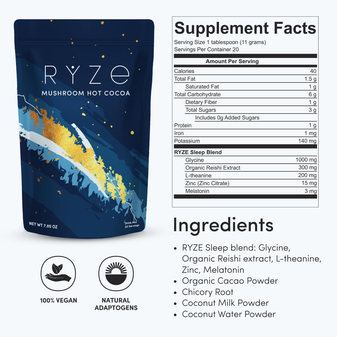 RYZE Superfoods hot cocoa powder close-up highlighting rich flavor for evenings