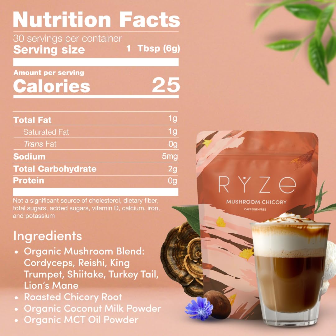 RYZE Mushroom Chicory cup serving highlights energy without jitters.