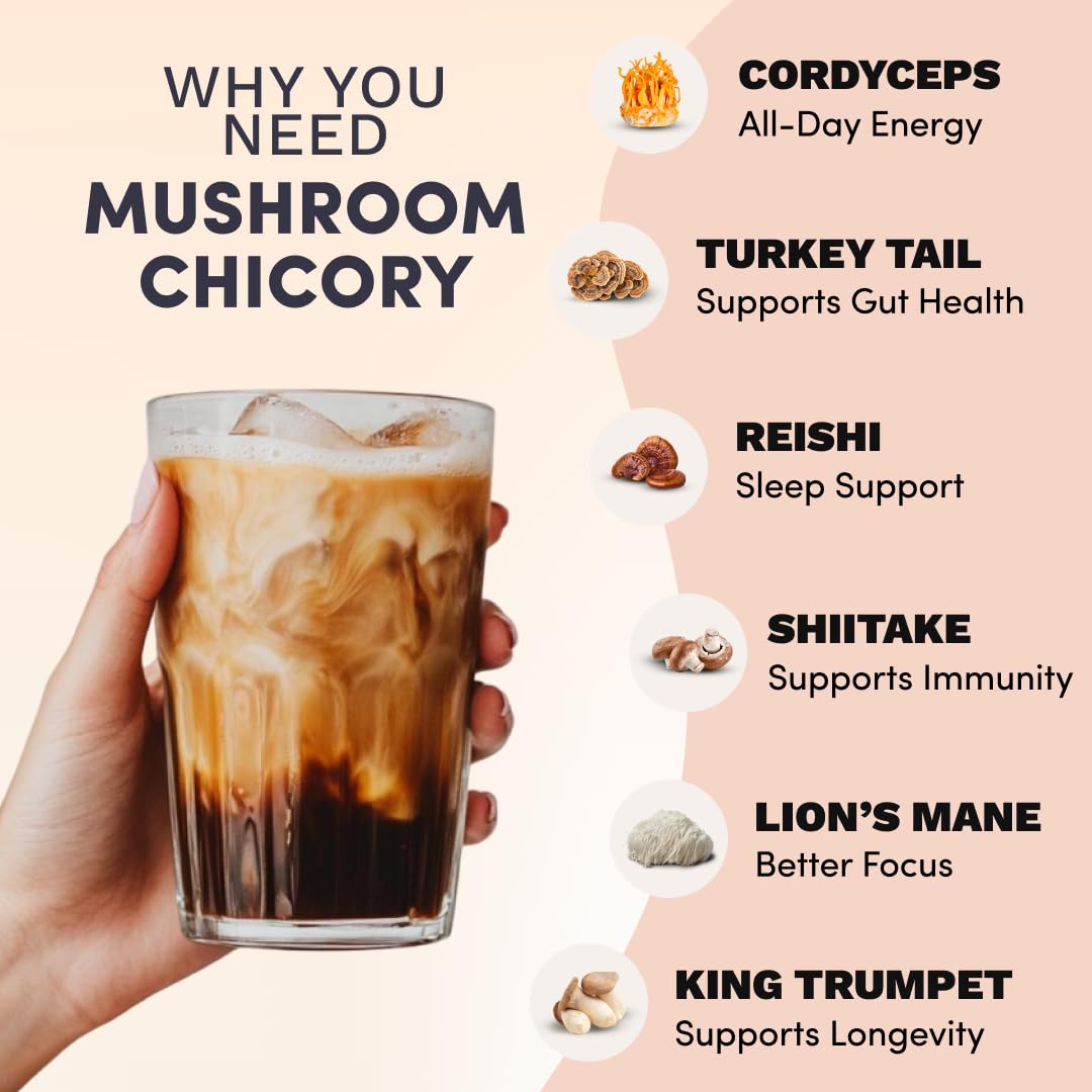 RYZE Mushroom Chicory mushroom collection showing Cordyceps, Reishi, Lion's Mane and more.