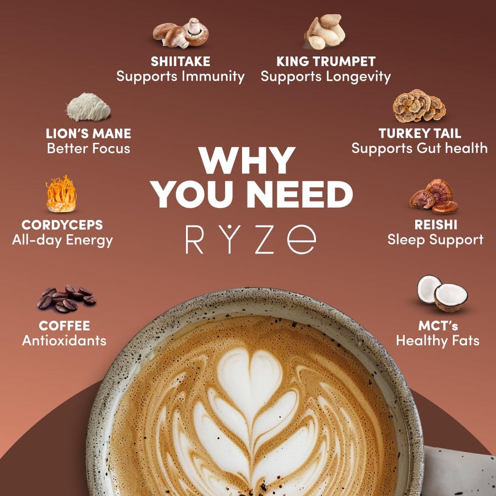RYZE Mushroom Coffee Dark Roast canister with California-grown mushrooms