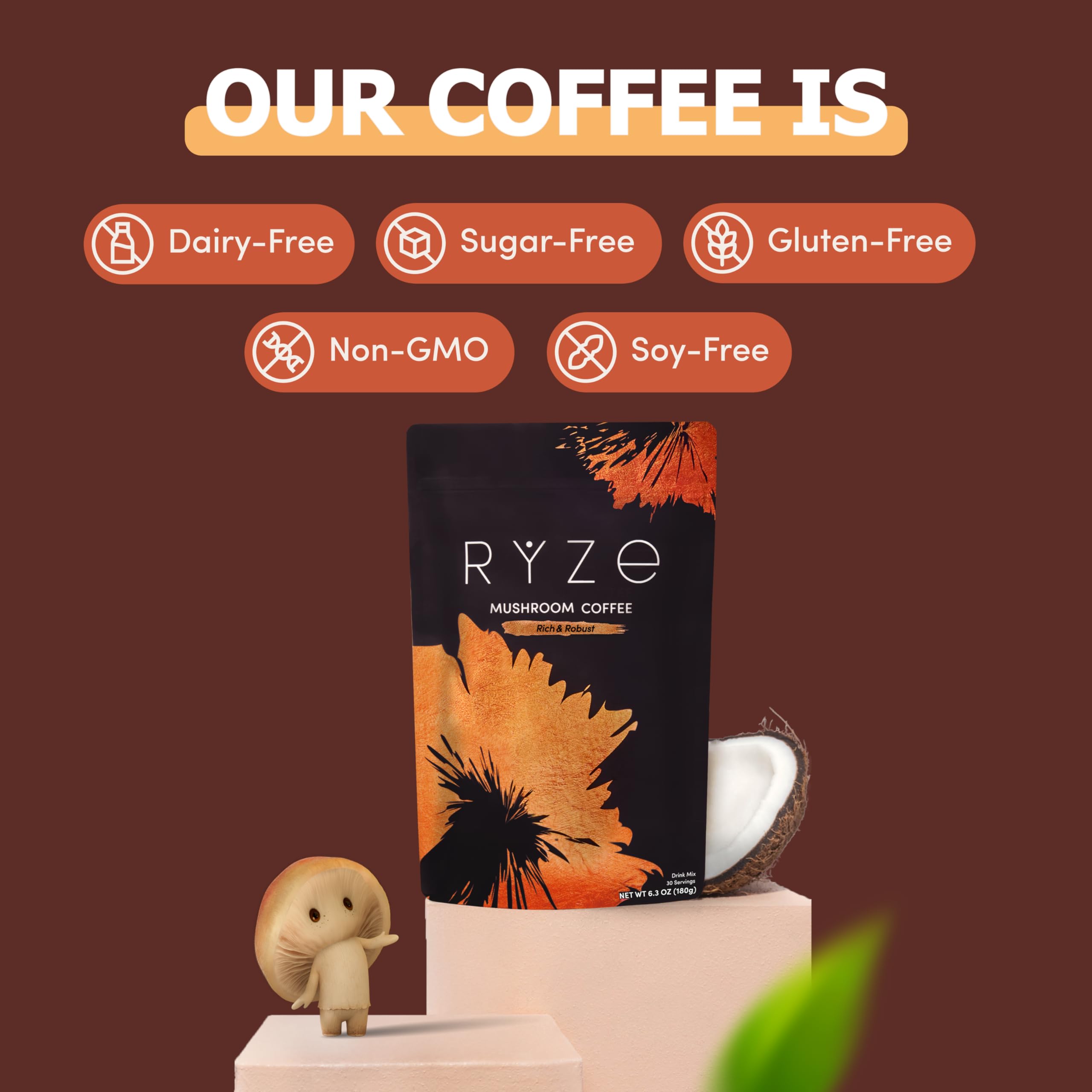 RYZE Mushroom Coffee Dark Roast close-up noting immune-friendly beta-glucans