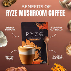 RYZE Mushroom Coffee Dark Roast ingredients highlight six adaptogenic mushrooms