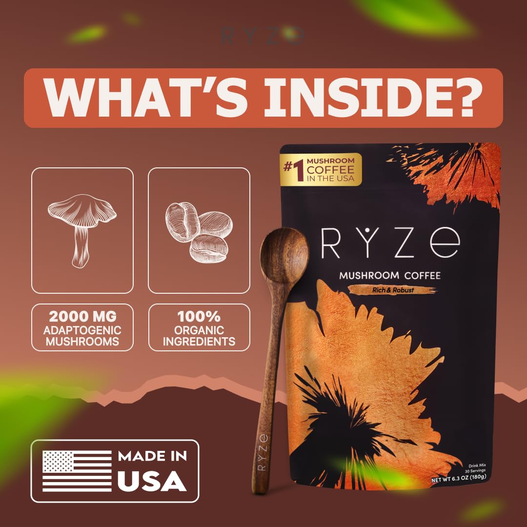 RYZE Mushroom Coffee Dark Roast morning routine setup for productivity