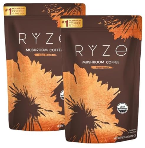 RYZE Mushroom Coffee Starter Kit packaging shows the USDA Organic seal and a promise of clean energy.