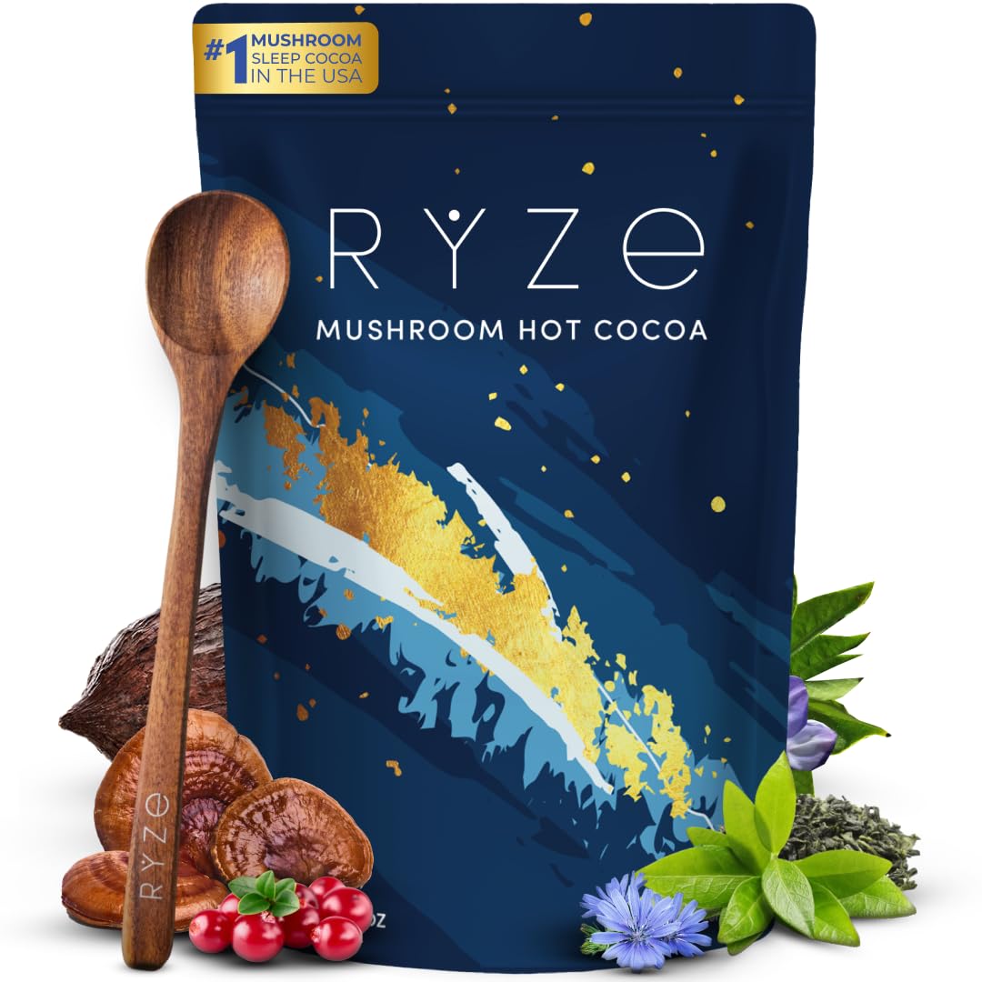 RYZE Superfoods mushroom hot cocoa melatonin bottle front for restful nights
