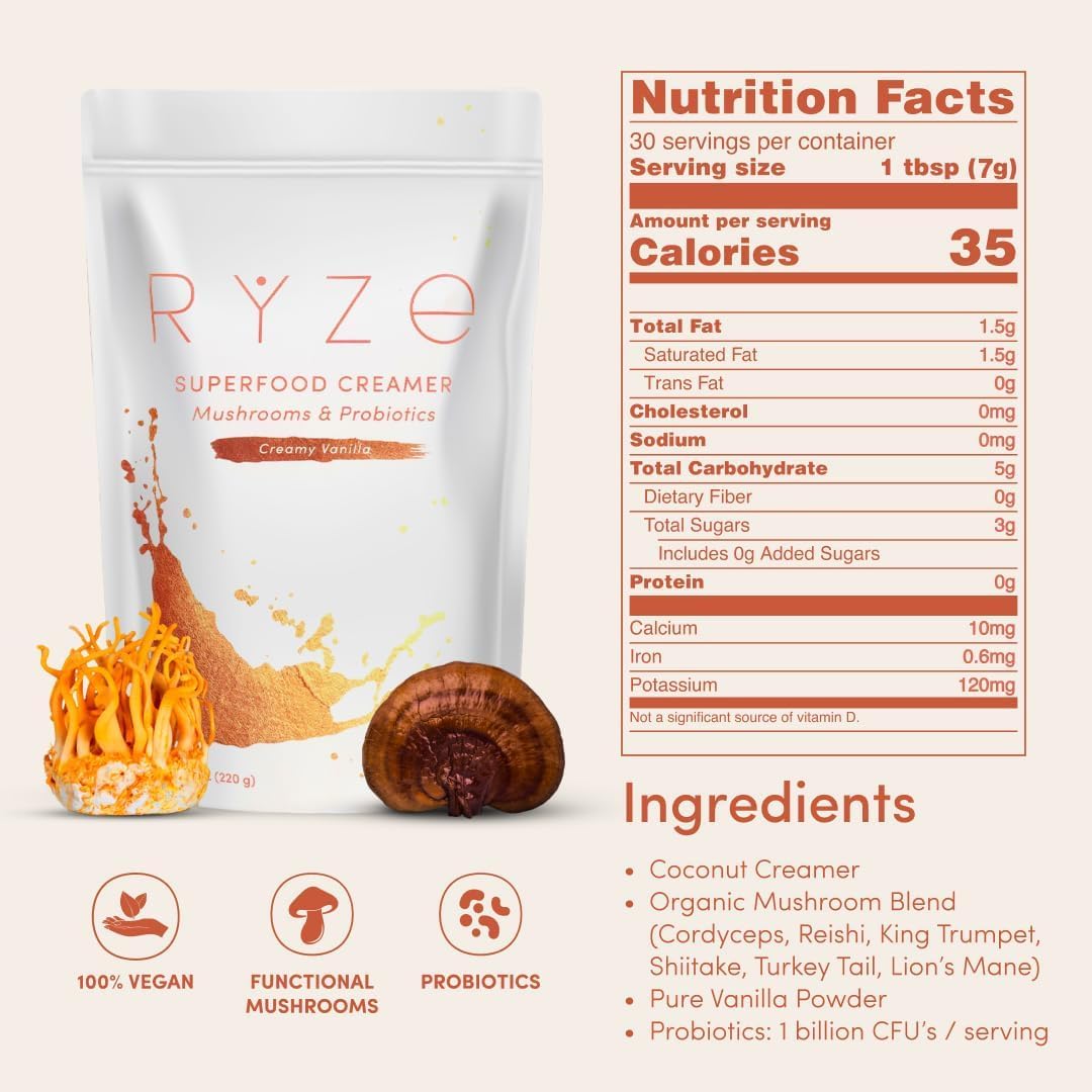 RYZE SUPERFOODS Packaging shows 30+30 servings for convenience.