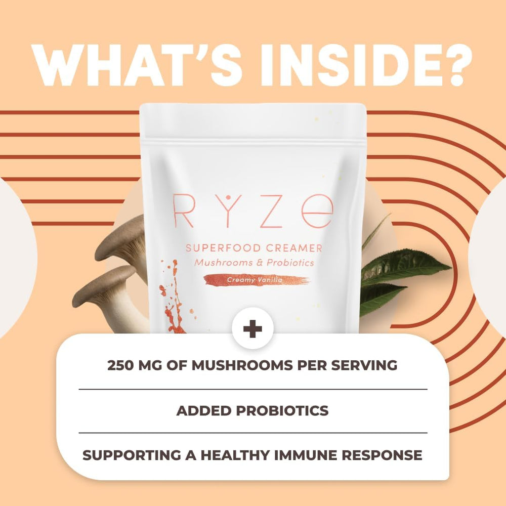 RYZE packaging highlights gluten-free, non-dairy formula with organic mushrooms.
