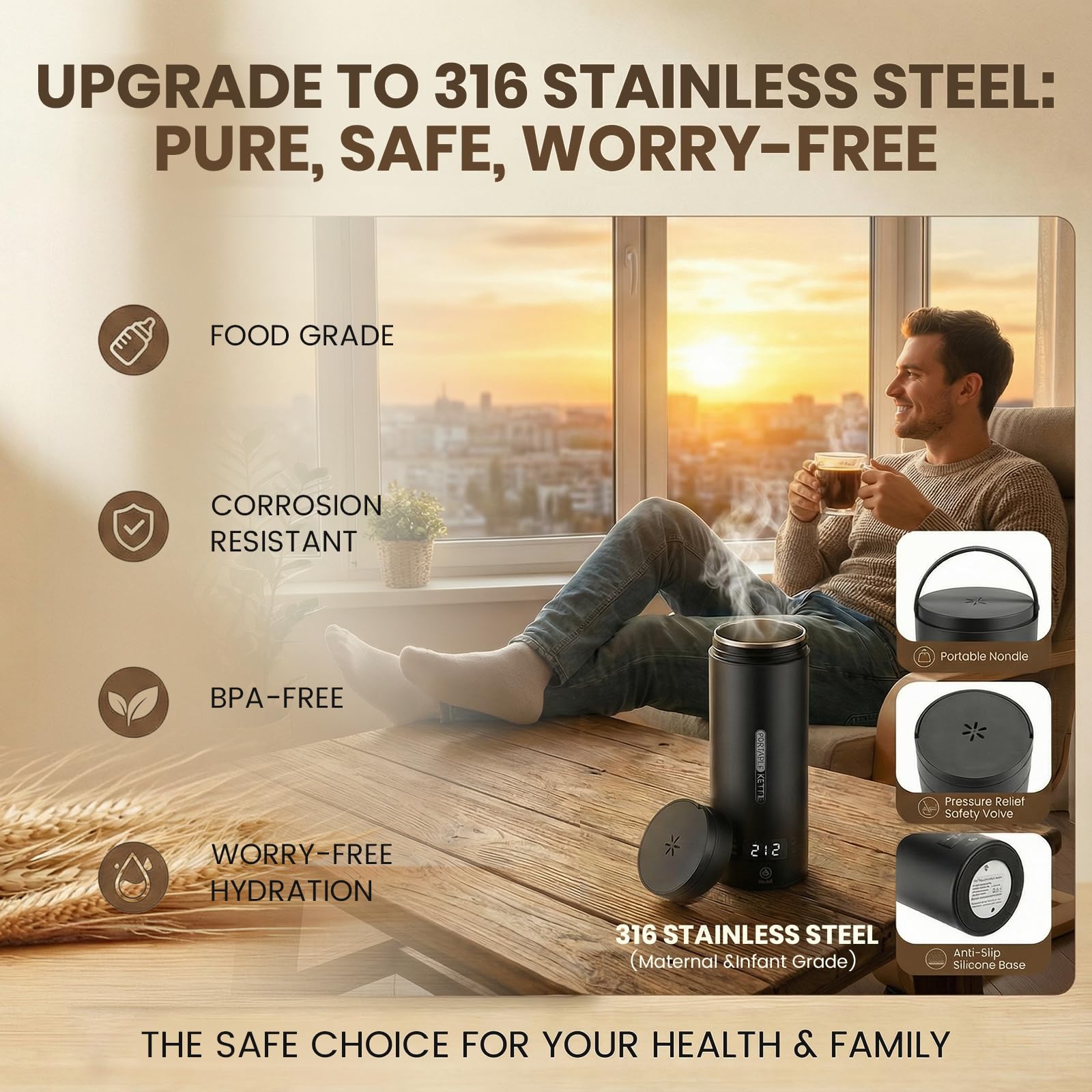 Rzlinn 316 stainless steel inner tank for safer daily beverages.