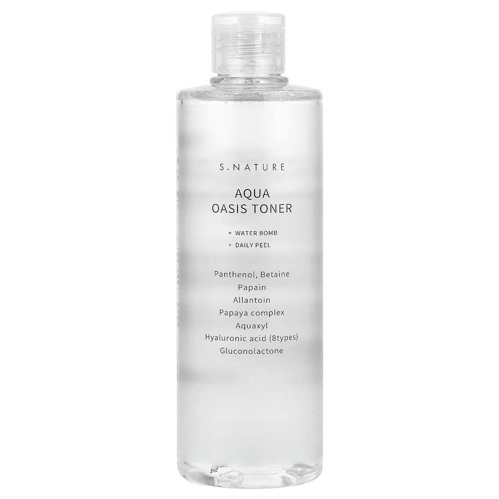 S.NATURE Aqua Oasis Toner bottle shows hydrating formula for radiant skin.