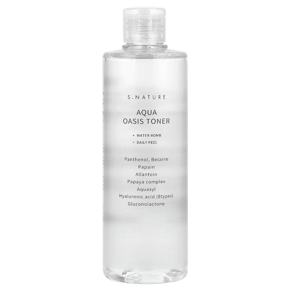 S.NATURE Aqua Oasis Toner bottle shows hydrating formula for radiant skin.