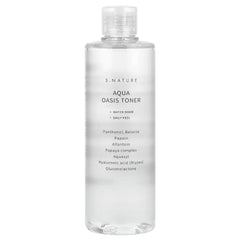S.NATURE Aqua Oasis Toner bottle shows hydrating formula for radiant skin.