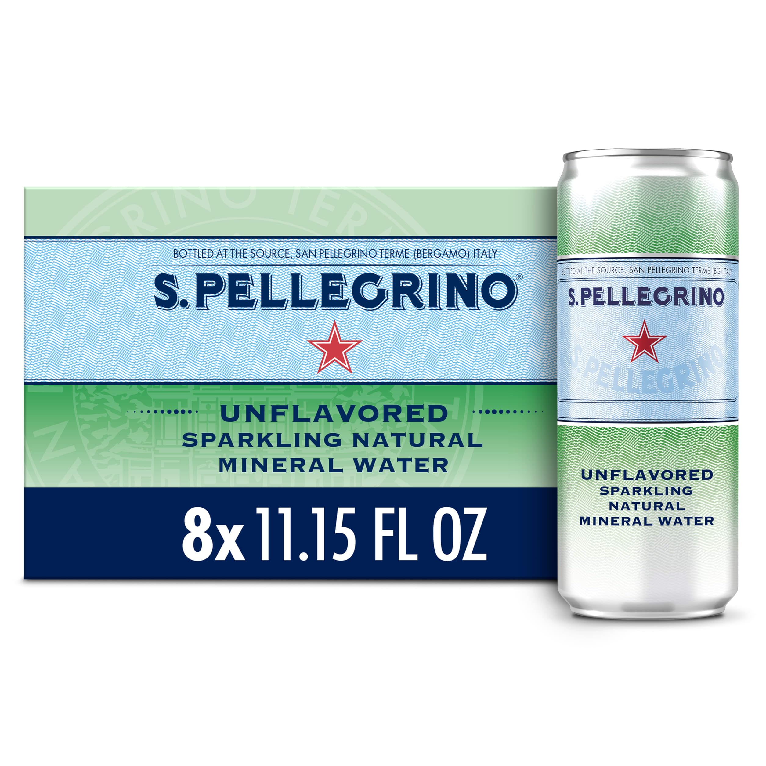 S.Pellegrino sparkling natural water can, front view, ideal with meals.