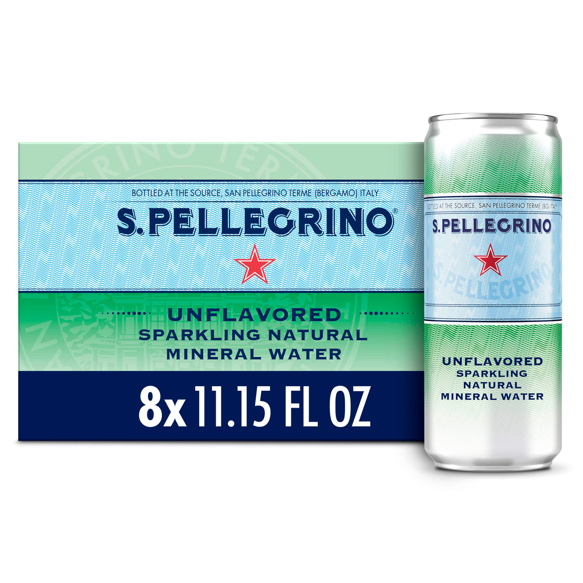 S.Pellegrino sparkling natural water can, front view, ideal with meals.