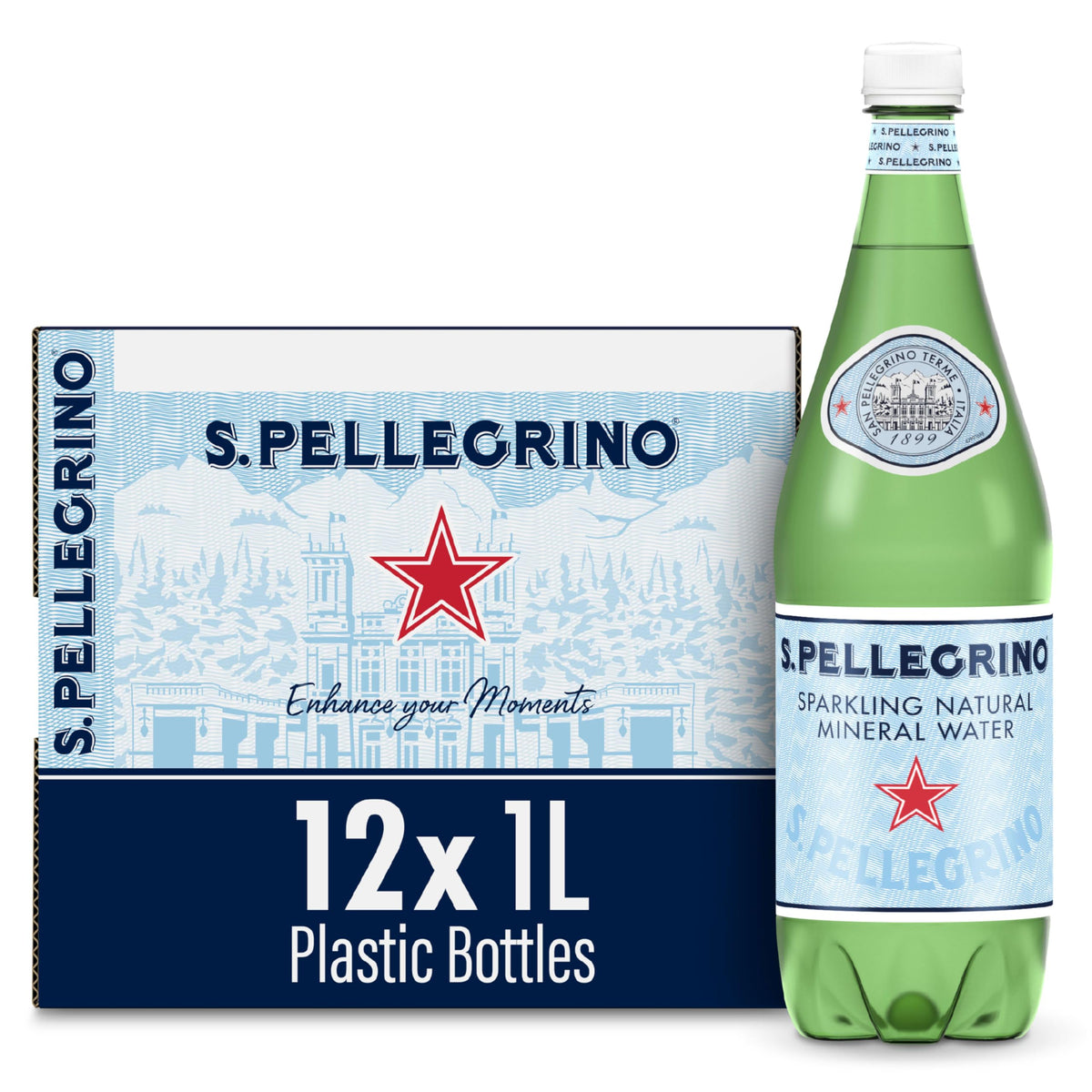 S.Pellegrino sparkling water bottle front view, ideal for pairing with meals