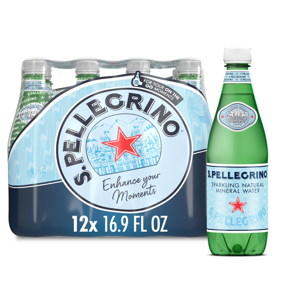 S.Pellegrino sparkling water bottle front label showing brand and Italian origin