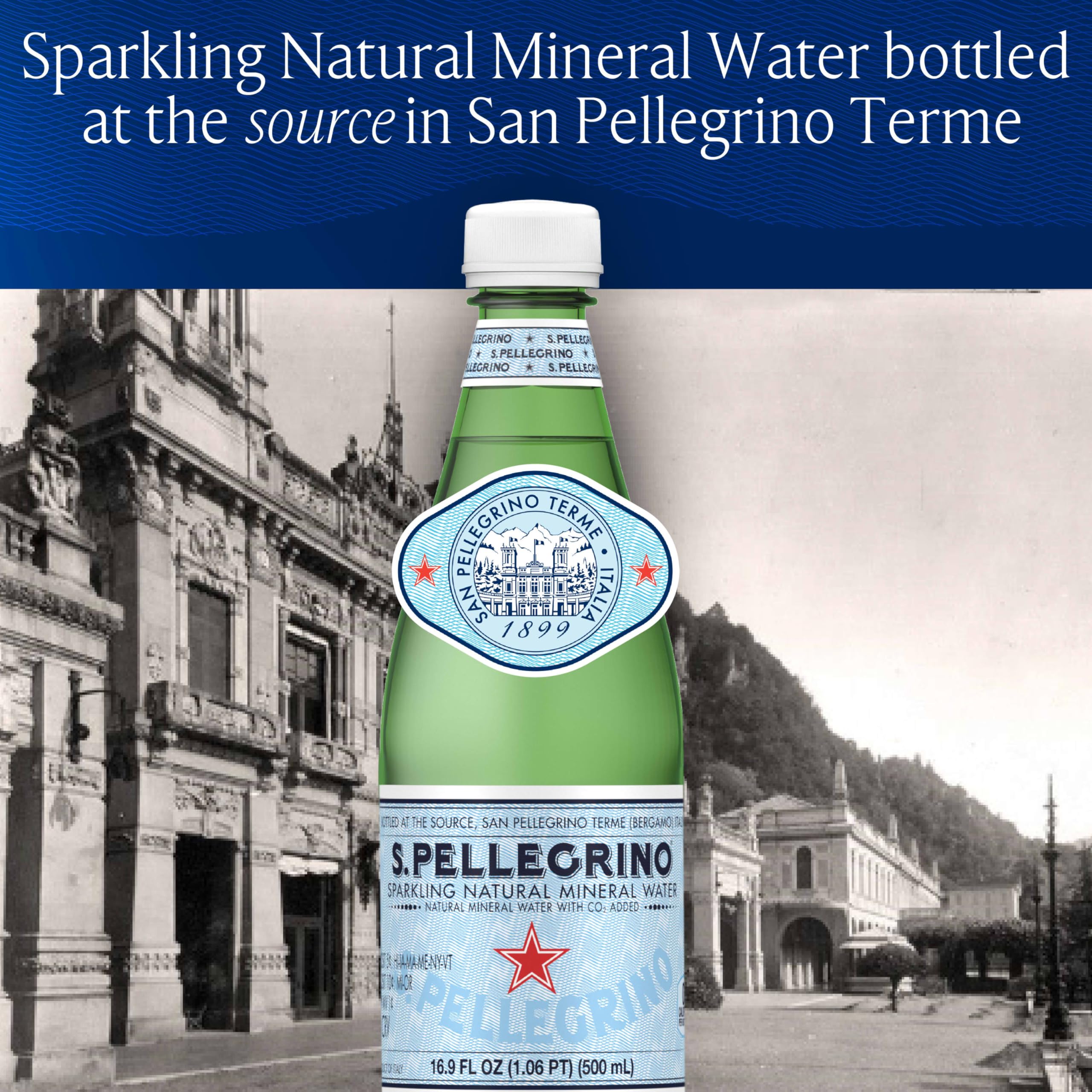 Close-up of S.Pellegrino bottle label highlighting mineral content
