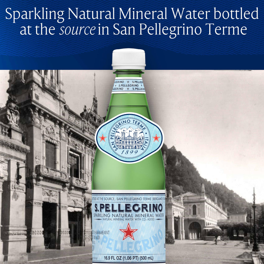 Close-up of S.Pellegrino bottle label highlighting mineral content