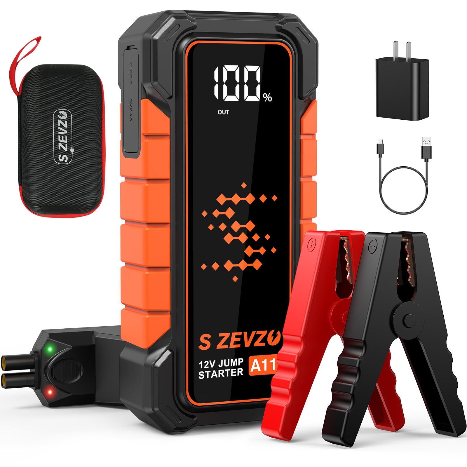 S ZEVZO A11 jump starter front view with compact design for quick roadside boosts.