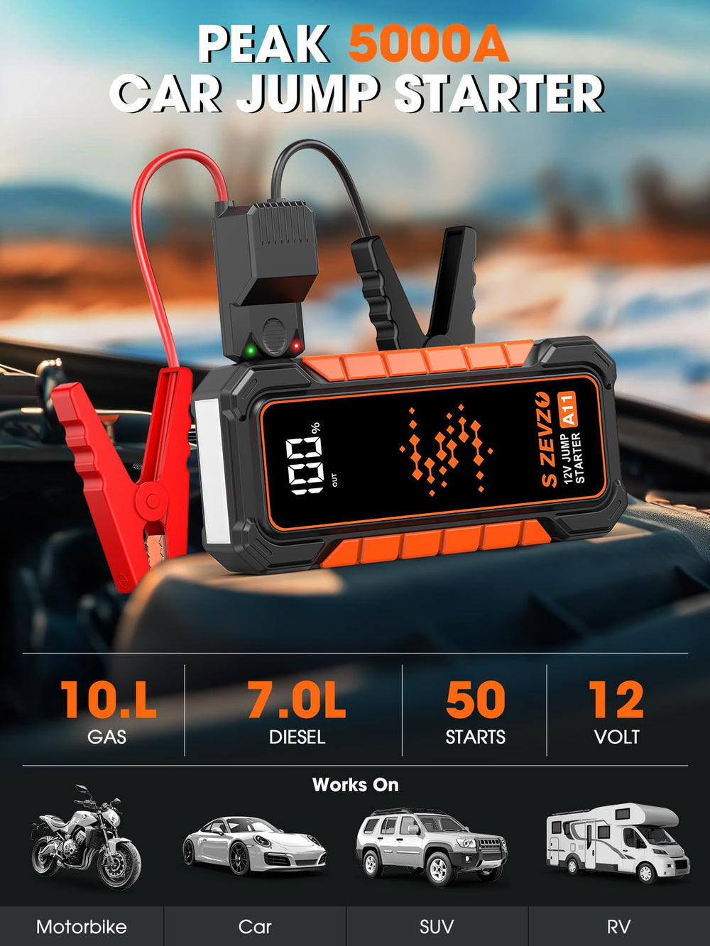 S ZEVZO A11 display panel showing battery status for easy checks.