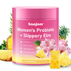 Saajoor Women Probiotic Slippery Elm Gummies pineapple chew for daily balance.