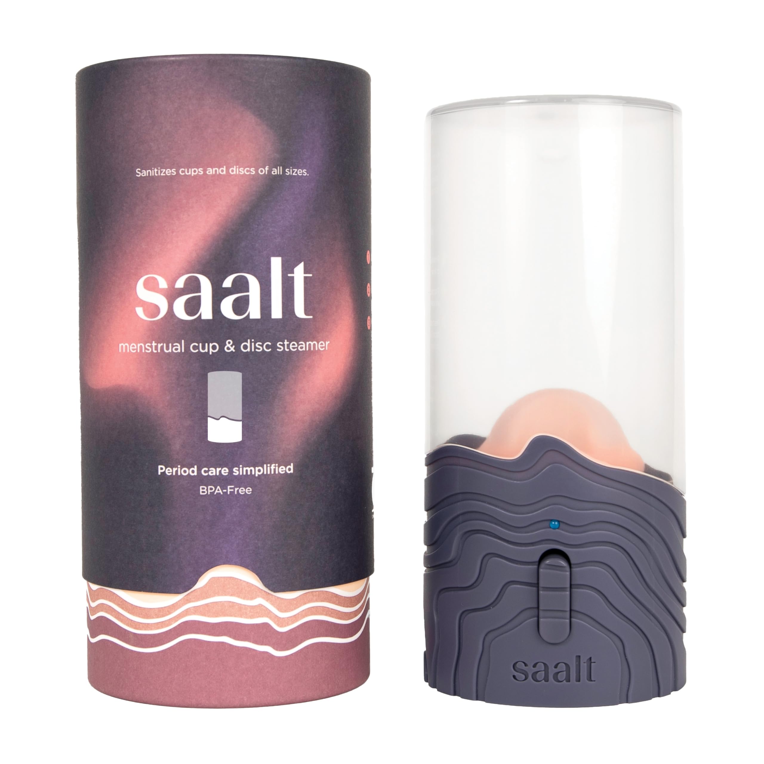 Saalt menstrual cup steamer on a counter, blue dusk, delivers quick no-boil cleaning for daily care.