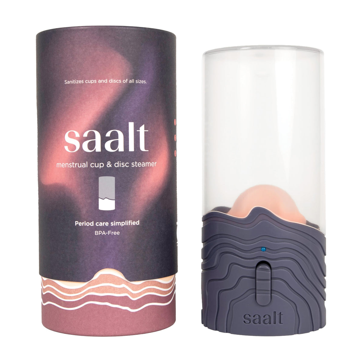 Saalt menstrual cup steamer on a counter, blue dusk, delivers quick no-boil cleaning for daily care.