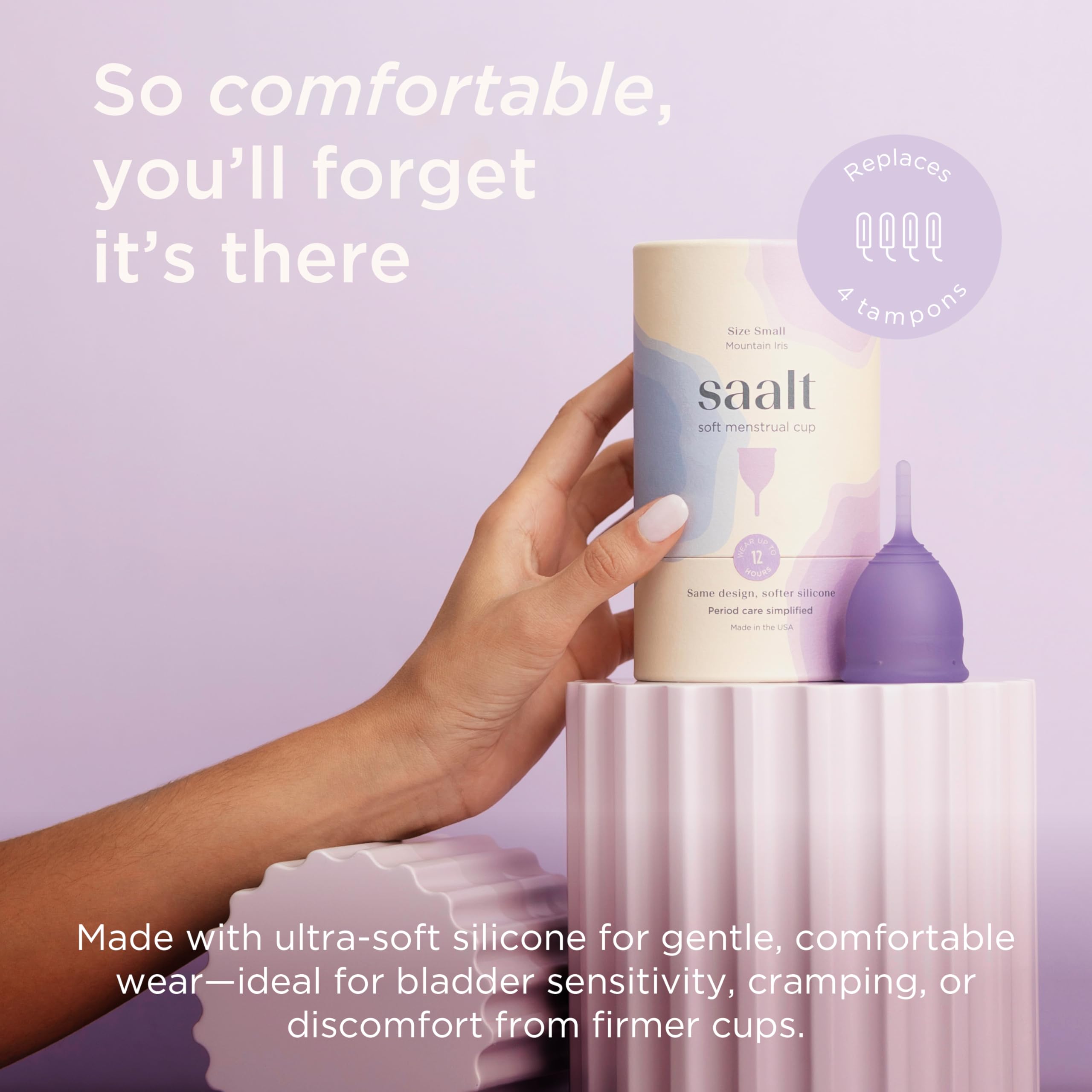 Saalt Soft cup Mountain Iris in packaging for sustainable, reusable protection.