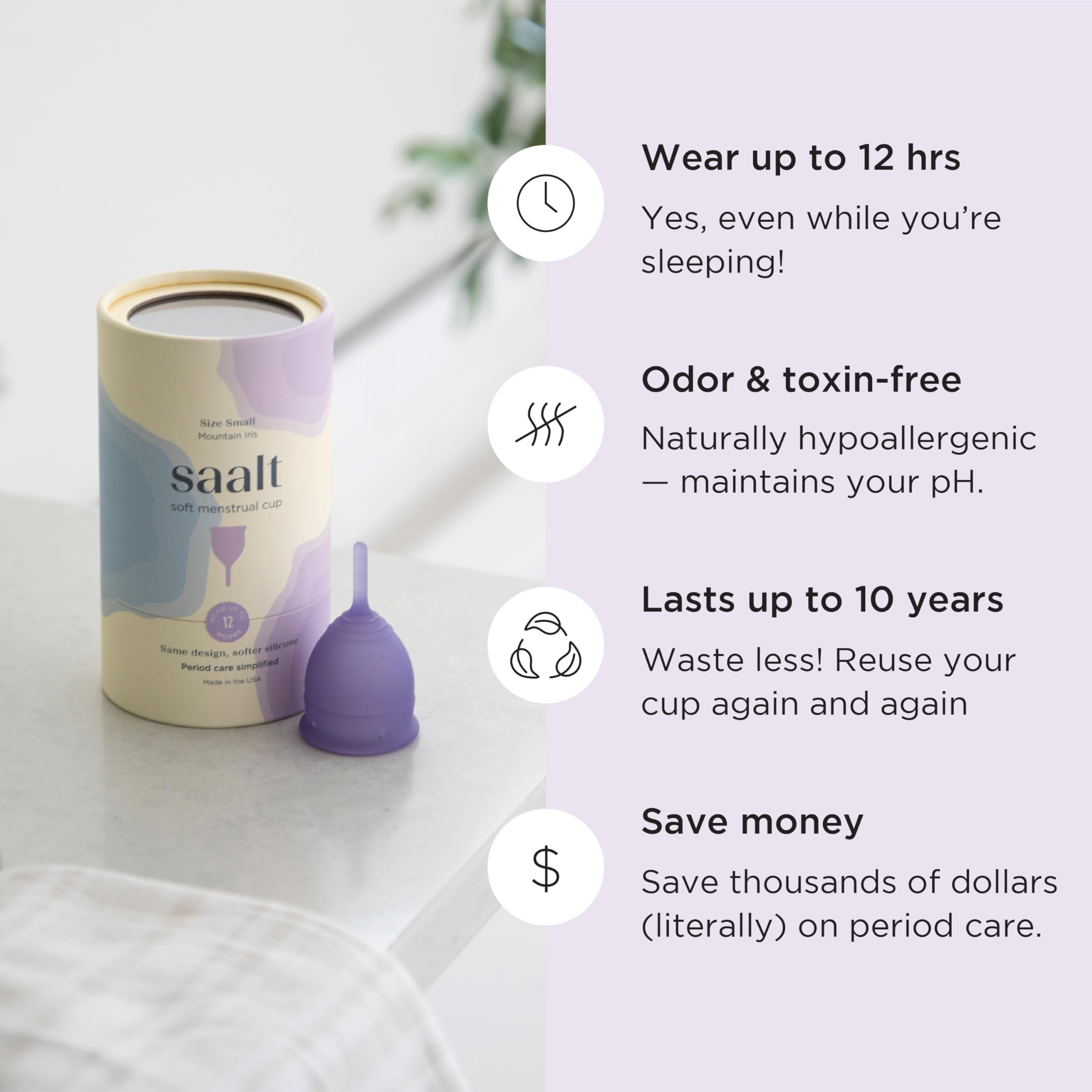 Saalt Soft cup close-up highlights smooth silicone texture and flexible stem.
