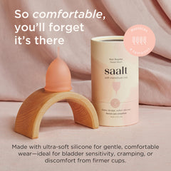 Close-up of Saalt Soft Desert Blush cup with flexible design