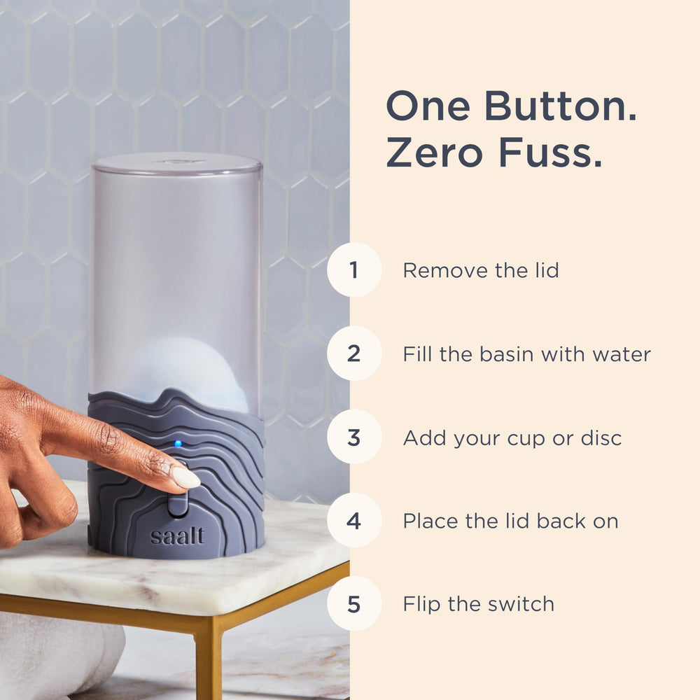 Saalt steamer no-boil design shown; eliminates stovetop tasks for cup sanitization.