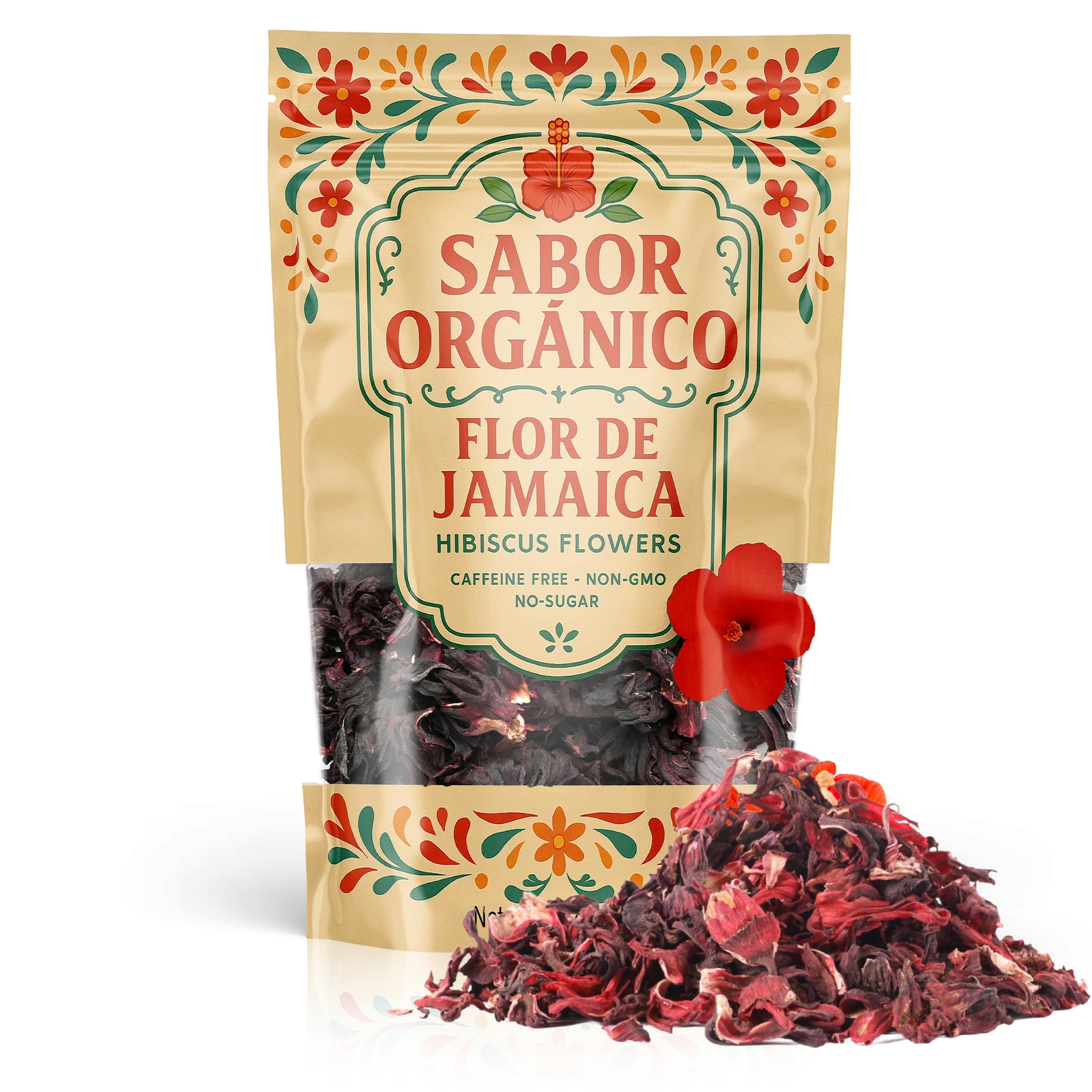 Sabor Orgánico hibiscus flowers in a 1lb pouch for hibiscus tea and refreshing drinks.
