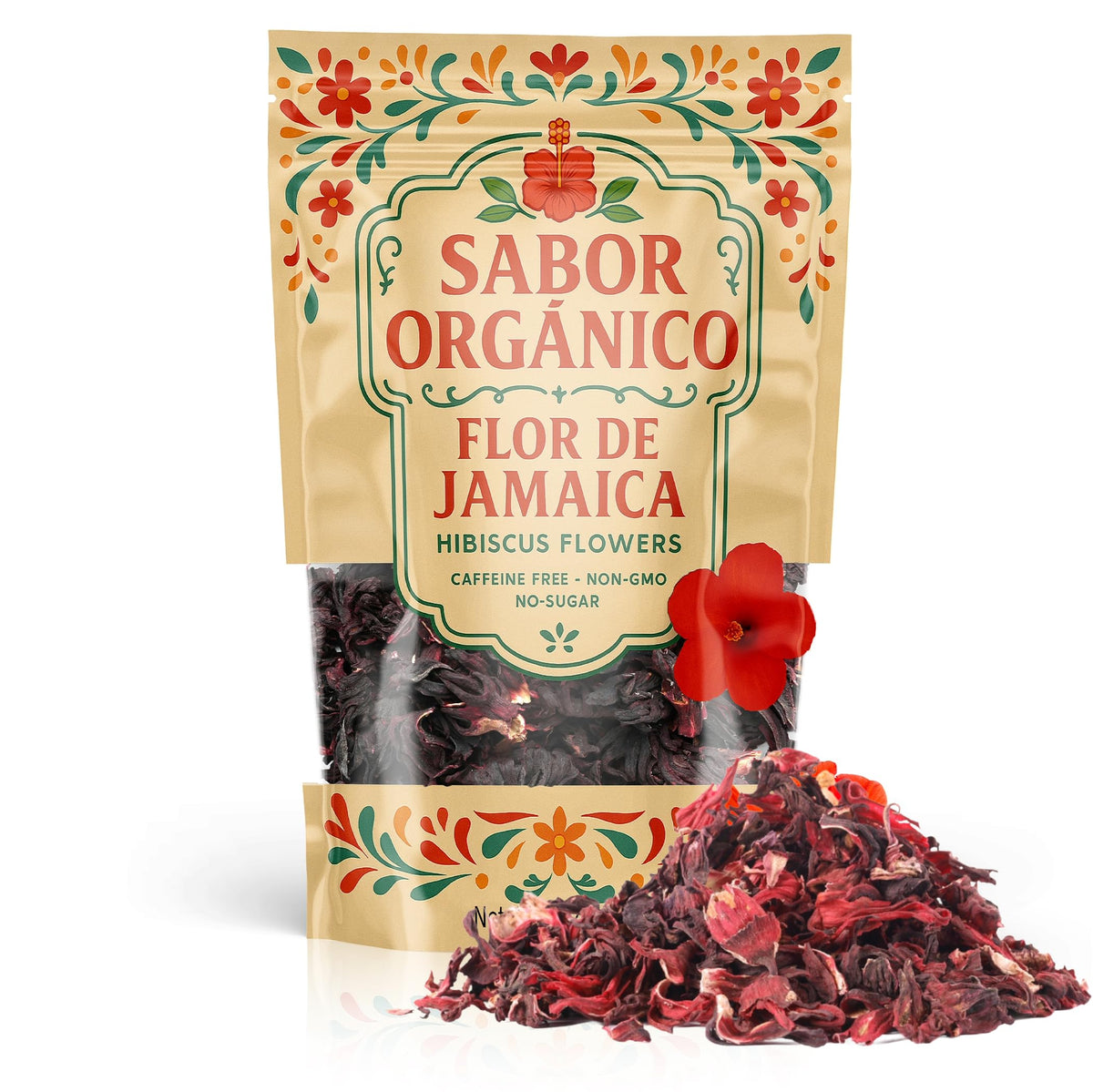 Sabor Orgánico hibiscus flowers in a 1lb pouch for hibiscus tea and refreshing drinks.