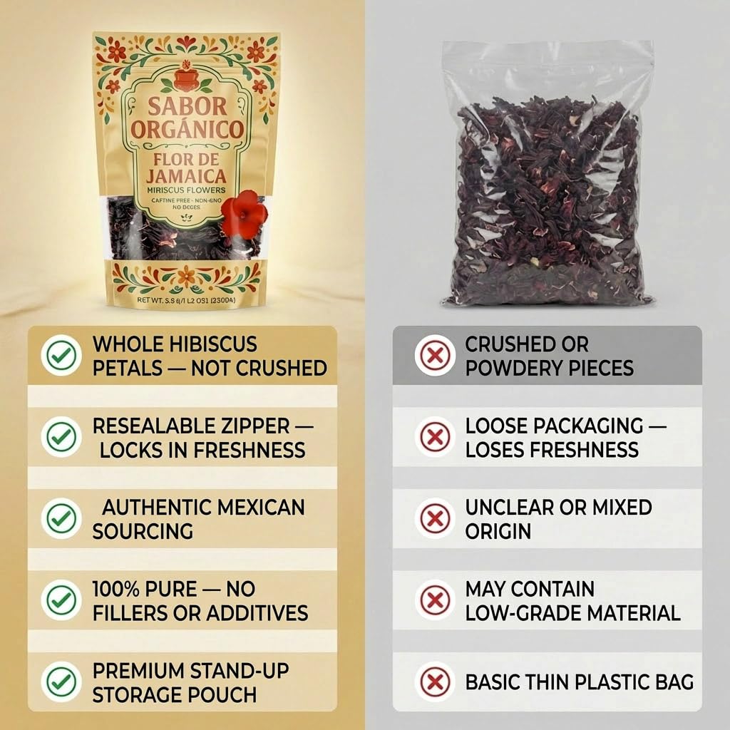 Sabor Orgánico hibiscus petals close-up showing vibrant red color for bold brews.