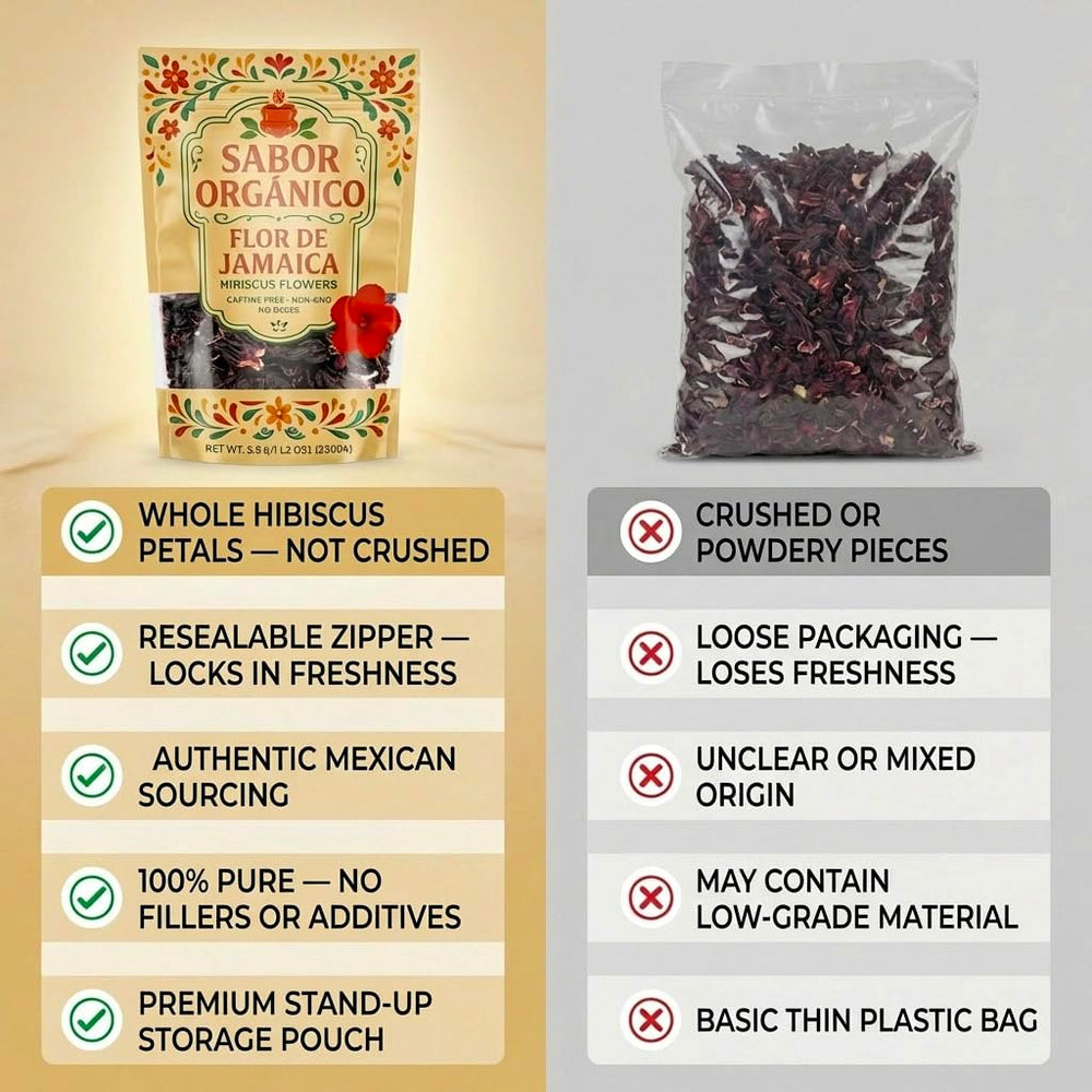 Sabor Orgánico hibiscus petals close-up showing vibrant red color for bold brews.