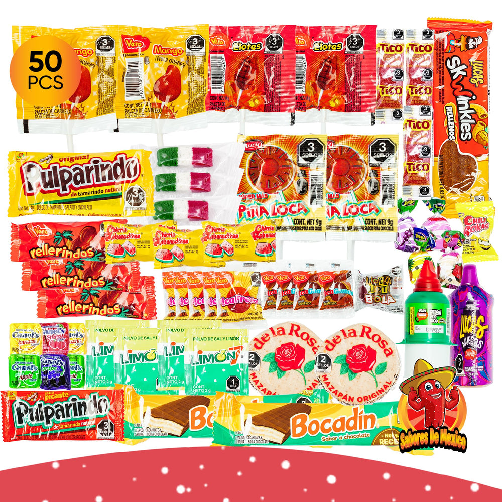 Sabores De Mexico Mexican Candy Pack variety close-up shows a colorful assortment ideal for sharing.