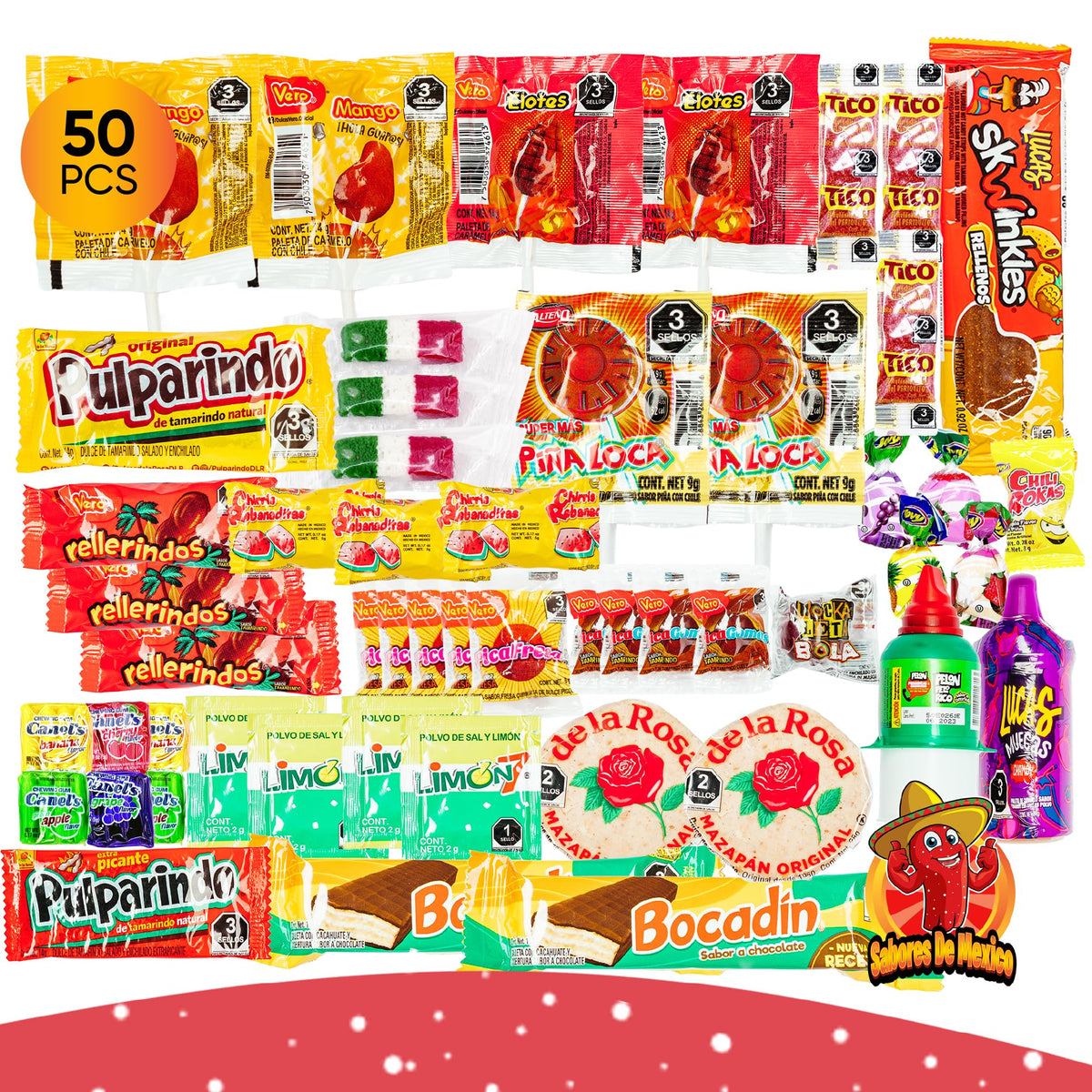 Sabores De Mexico Mexican Candy Pack variety close-up shows a colorful assortment ideal for sharing.