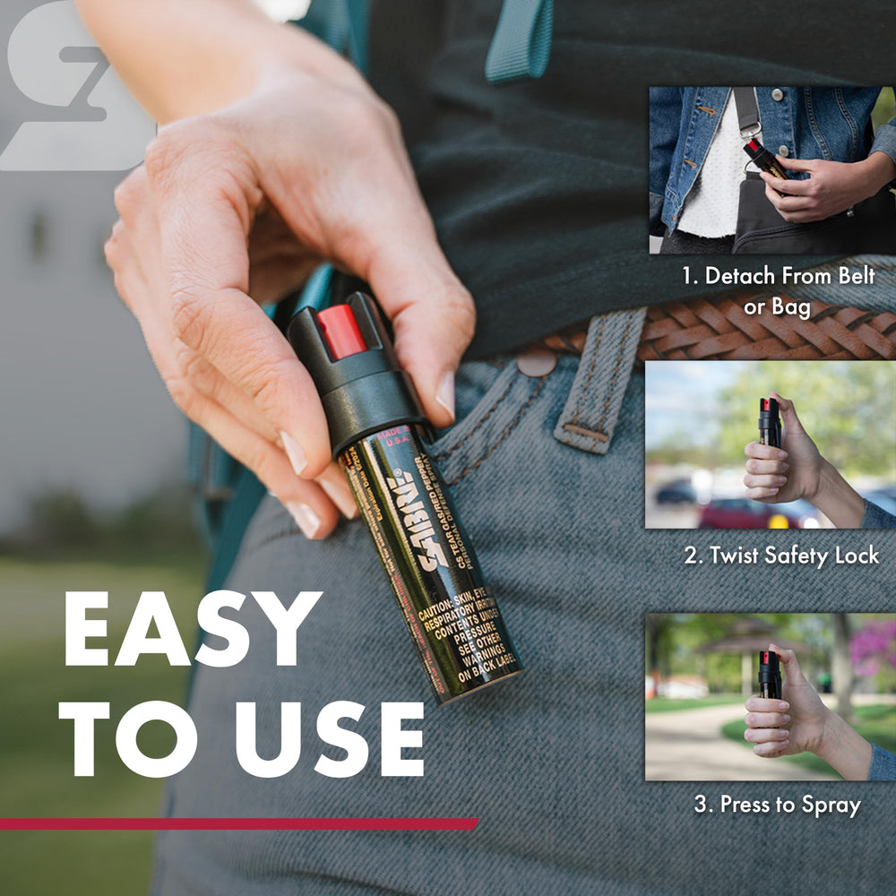 SABRE 3-in-1 compact defense spray 13-second spray illustrates extended protection capability.