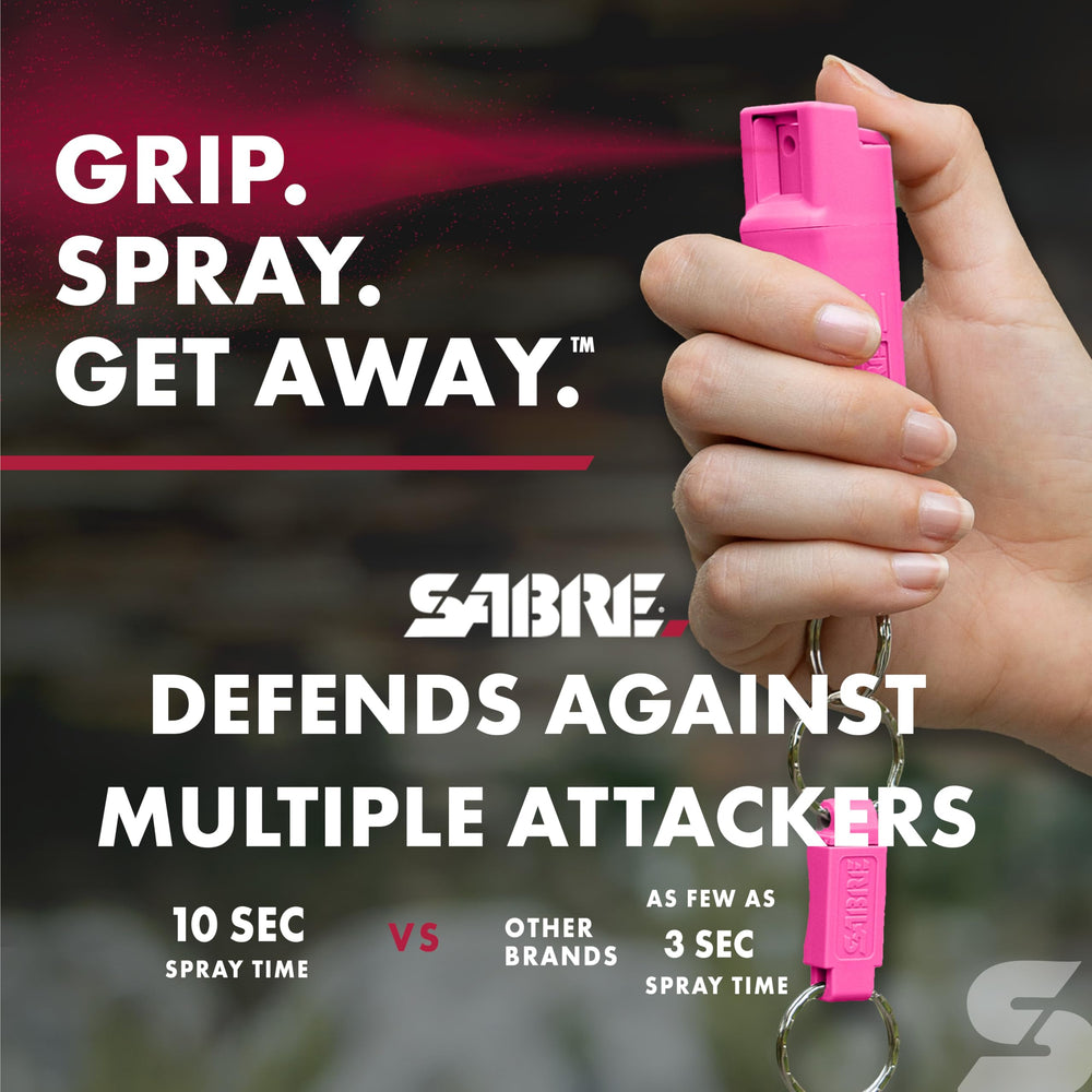 SABRE 3-in-1 defense spray quick-release keyring for instant access.