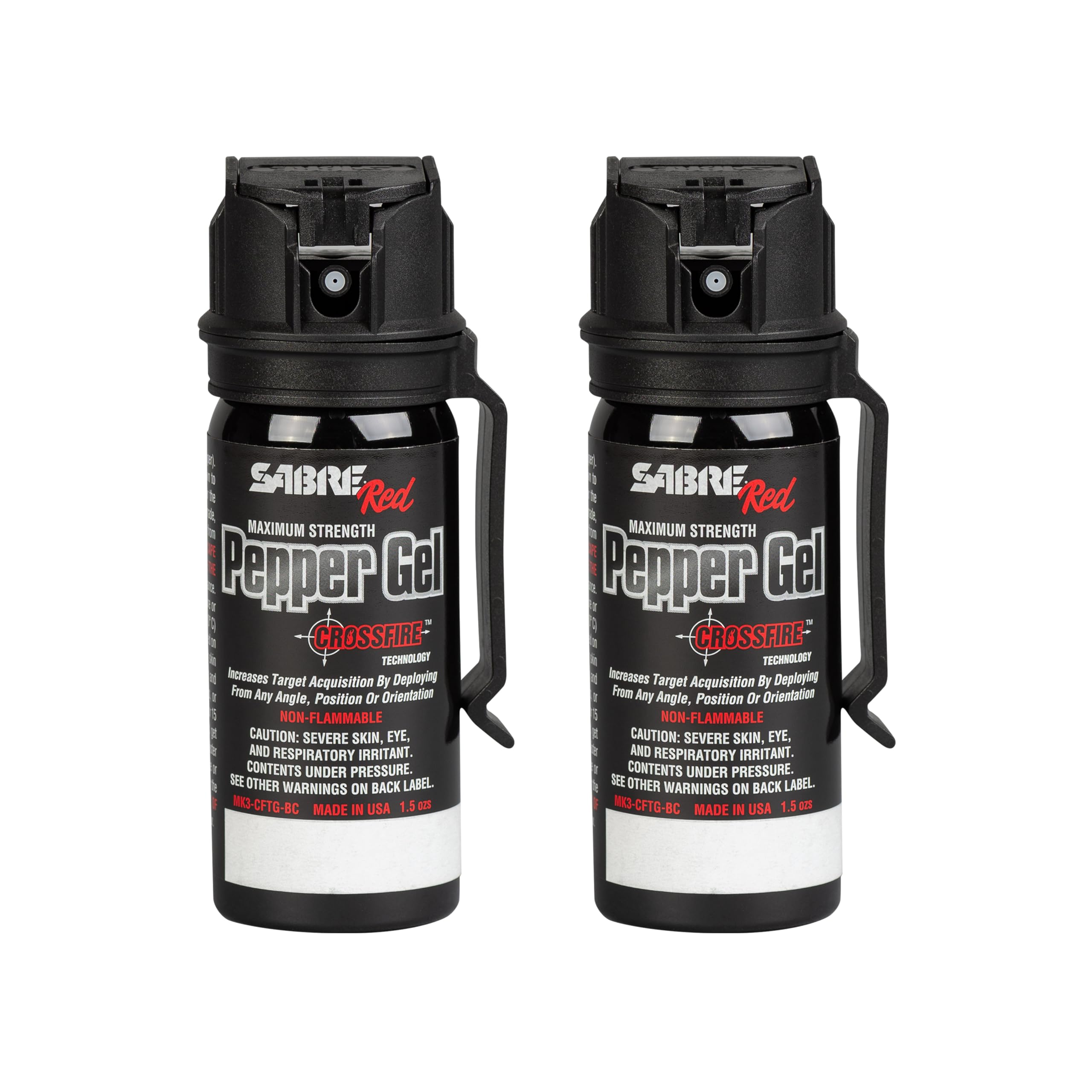 SABRE Crossfire pepper gel with belt clip for quick access during commutes.