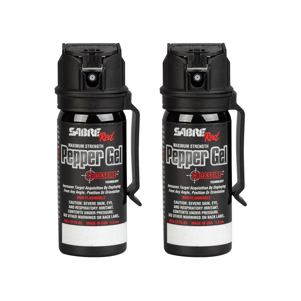 SABRE Crossfire pepper gel with belt clip for quick access during commutes.