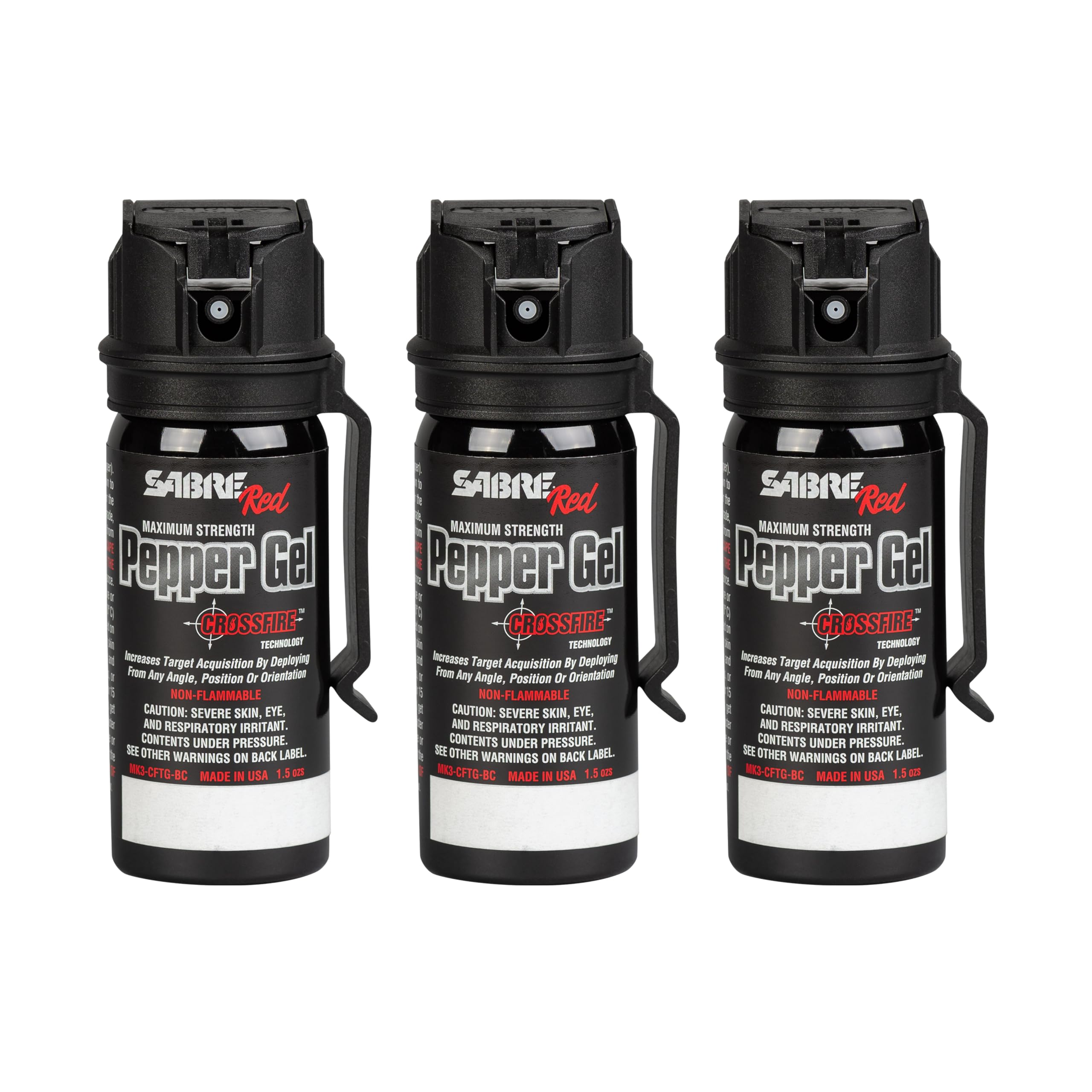 SABRE Crossfire pepper gel shown with belt clip for quick access.