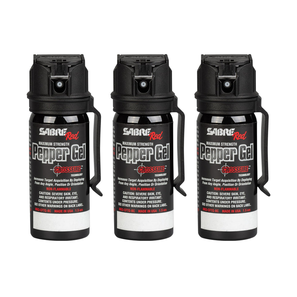 SABRE Crossfire pepper gel shown with belt clip for quick access.