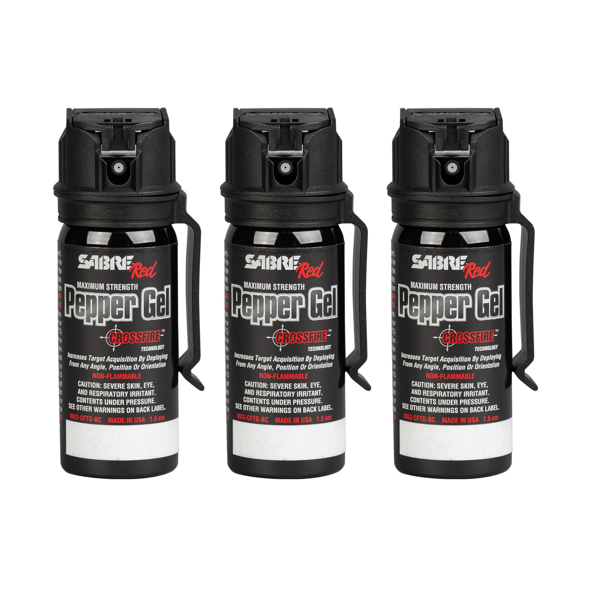 SABRE Crossfire pepper gel shown with belt clip for quick access.
