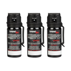 SABRE Crossfire pepper gel shown with belt clip for quick access.