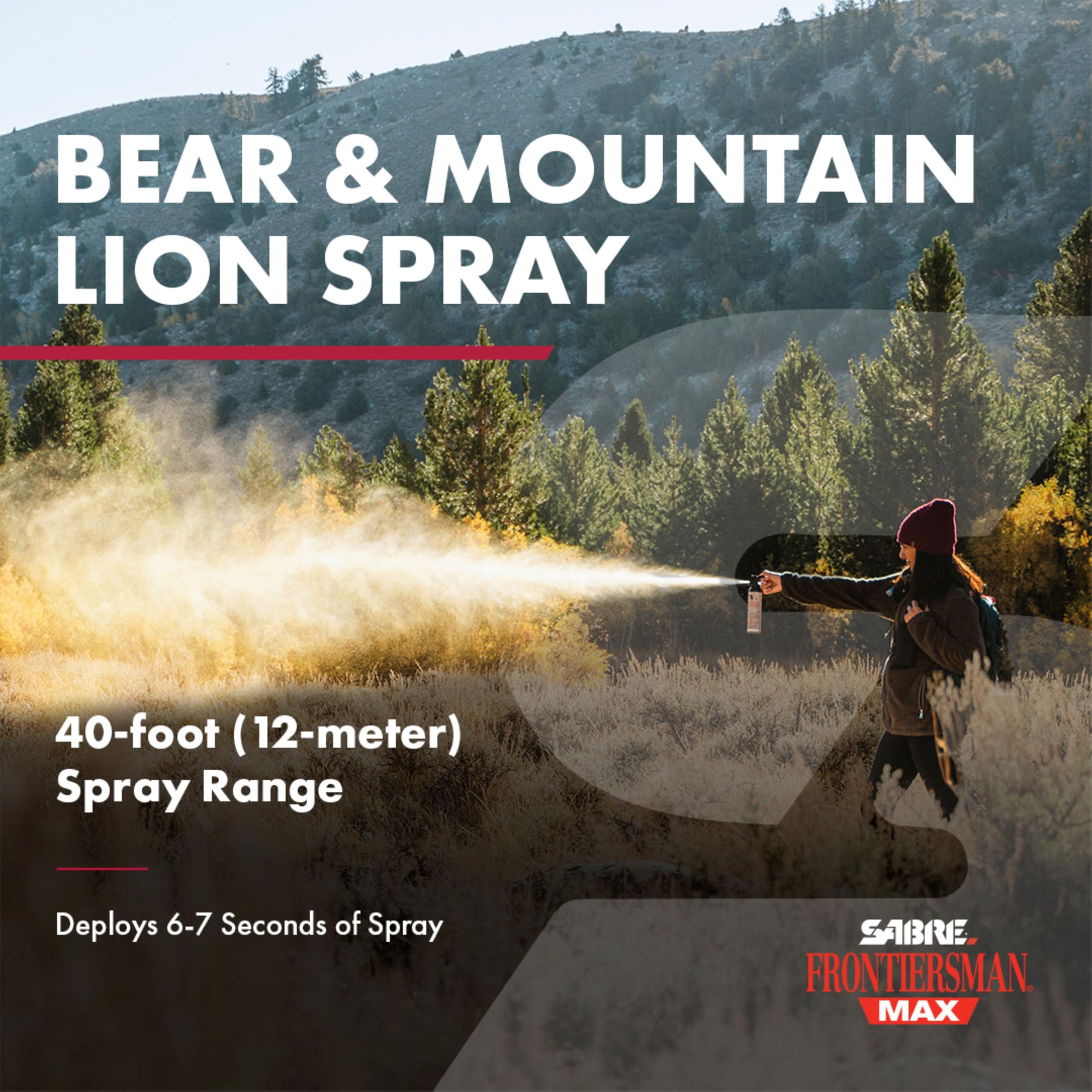 SABRE Frontiersman MAX glow safety clip improves nighttime visibility on trails.