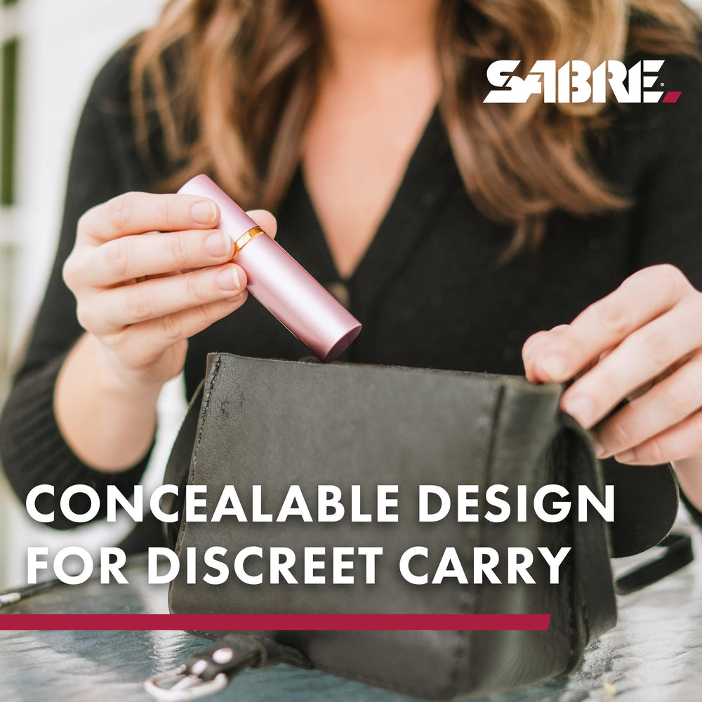 SABRE lipstick pepper spray packaging shows safe storage and training access.