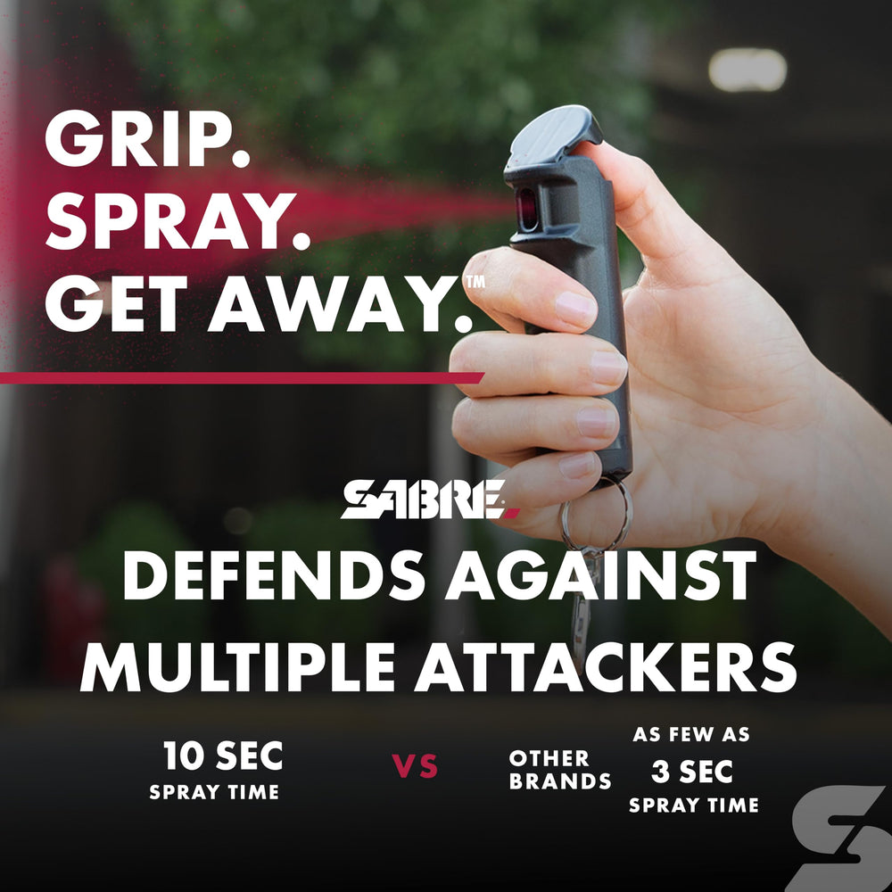 SABRE pepper spray provides a 10-second spray time for extended defense.