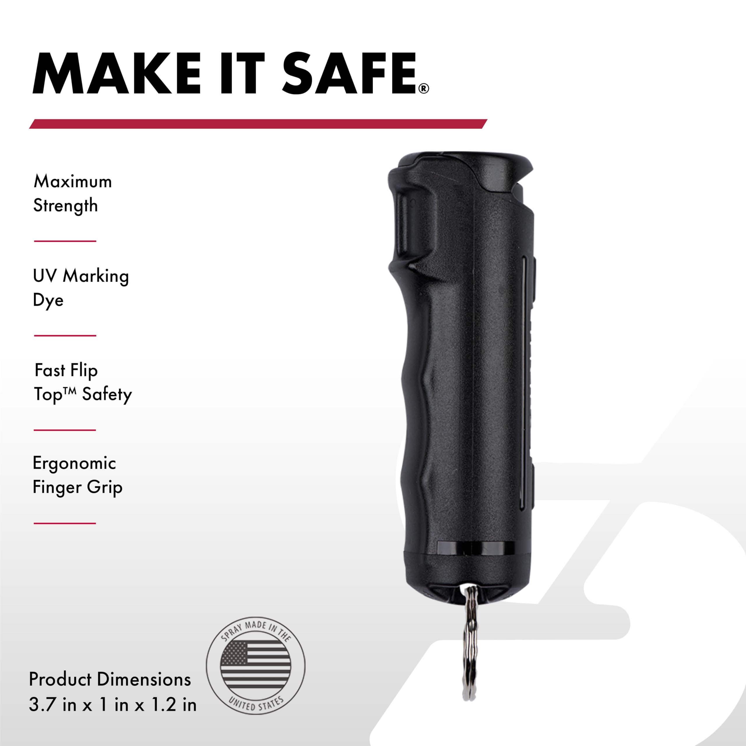 SABRE pepper spray fast flip top enables safer one-handed deployment.