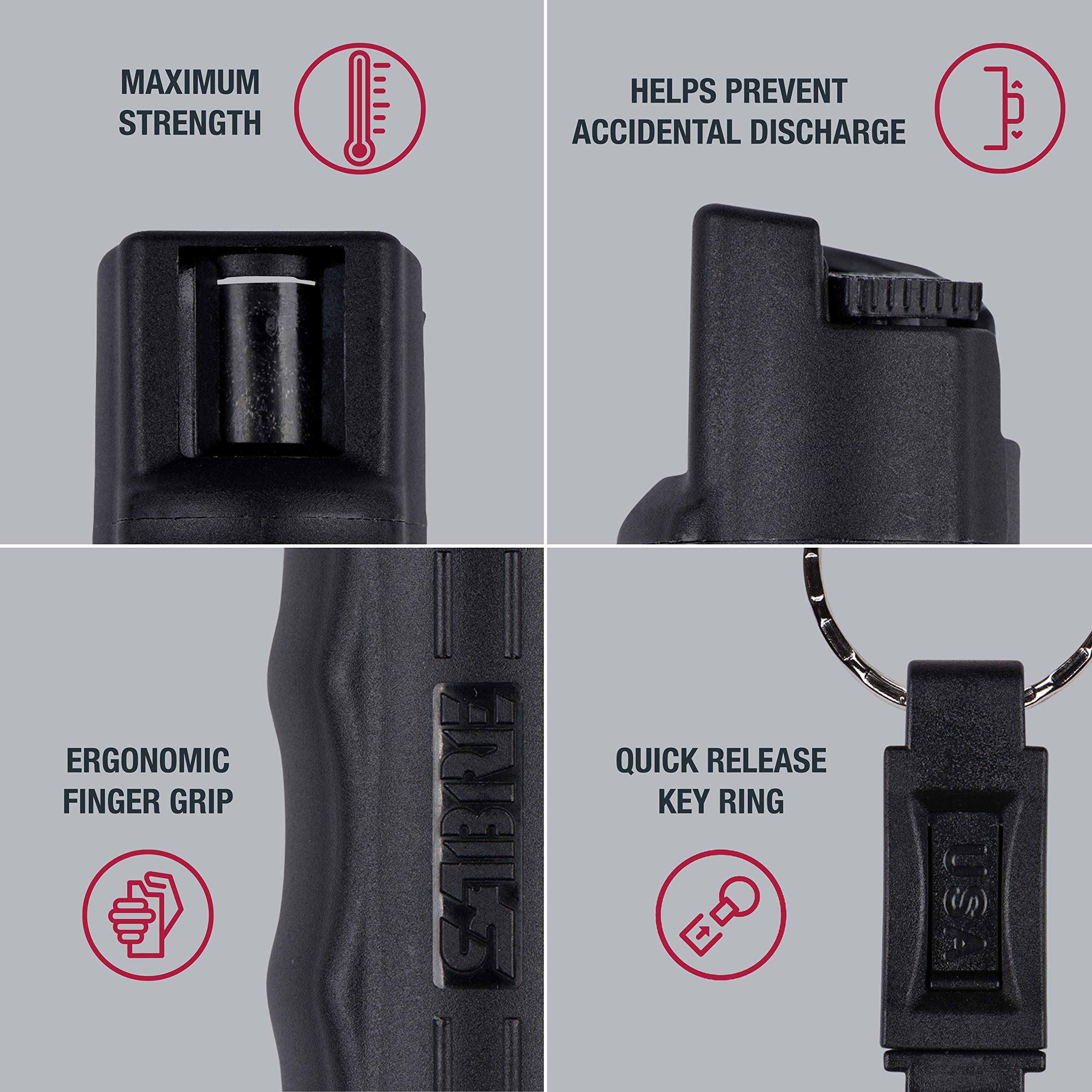 SABRE pepper spray showing ergonomic finger grip for precise aiming.