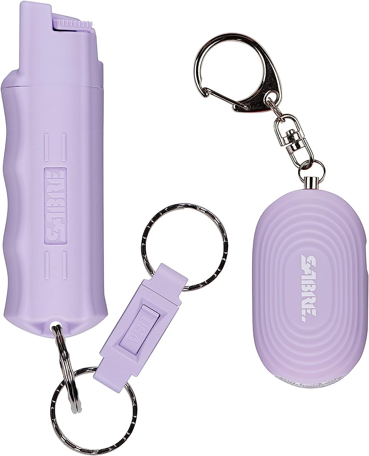 SABRE pepper spray canister on a key chain with lavender finish for quick self-defense access.